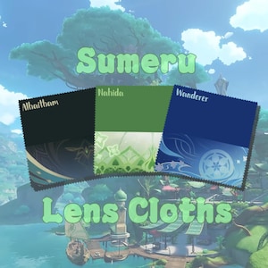 May include: Three rectangular lens cloths featuring character-themed designs. The left cloth is black with gold accents labelled Alhaitham. The centre cloth is green and white labelled Nahida. The right cloth is dark blue labelled Wanderer.