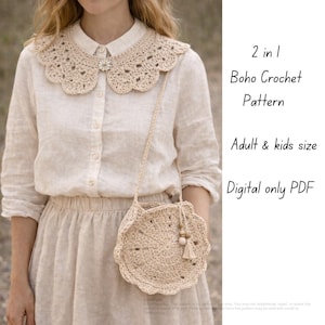 Könnte beinhalten: Ein beiger Häkelkragen mit einer floralen Brosche wird über einem weißen Hemd getragen. Eine passende Häkeltasche mit Quaste und Holzperlen hängt an einem Riemen. Text: "2 in 1 Boho Crochet Pattern Adult & kids size Digital only PDF."