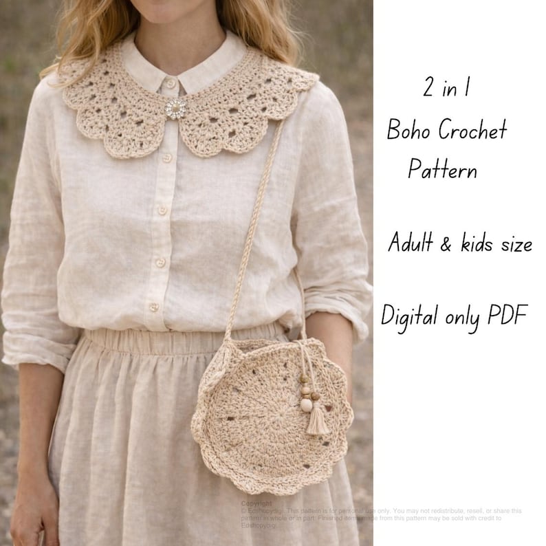May include: A beige crochet collar with a floral brooch is worn over a white button-down shirt. A matching crochet purse with a tassel and wooden beads hangs from a strap. Text on the right reads "2 in 1 Boho Crochet Pattern Adult & kids size Digital only PDF."