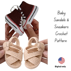 Könnte beinhalten: Gehäkelte Babysandalen und -sneaker in Braun und Beige. Die Sneaker haben weiße Schnürsenkel und Sohlen mit roten und schwarzen Akzenten. Die Sandalen haben ein Kreuzriemendesign und eine Schnalle. Der Text lautet "Baby Sandals & Sneakers Crochet Pattern".