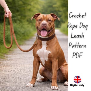 Puede incluir: Un perro marrón y blanco con un collar marrón sentado en un camino, con una correa de cuerda marrón sostenida por una persona. La imagen incluye el texto "Crochet Rope Dog Leash Pattern PDF".