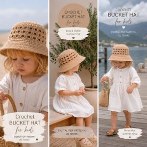 Op de afbeelding: Een beige gehaakte bucket hat met een gestructureerd opengewerkt patroon op de kroon en een stevige rand. De hoed wordt getoond in een digitaal PDF-patroon genaamd Crochet Bucket Hat for kids, inclusief tekstoverlays en een kind met de hoed.