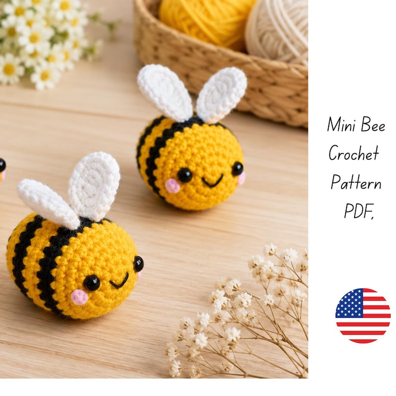 Mini Bee Pattern PDF, Tiny Bumble Bee Amigurumi, Applique, Spring Crochet, US Terms Tutorial image 2