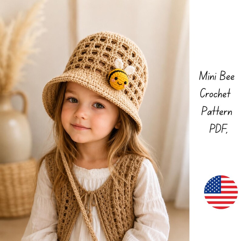 May include: A beige crochet bucket hat featuring a small, round, yellow and black bee appliqu&eacute; with white wings. The hat has a grid-like openwork pattern on the crown and a solid brim. Text on the right reads Mini Bee Crochet Pattern PDF.