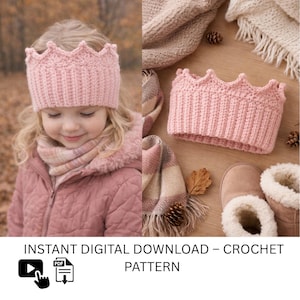 May include: A pink crochet crown headband with a scalloped edge. The image also shows a matching headband and other accessories. The text "INSTANT DIGITAL DOWNLOAD - CROCHET PATTERN" is at the bottom of the image.