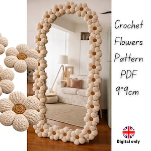Puede incluir: Un marco de espejo decorativo de ganchillo adornado con numerosas flores en forma de margarita. Las flores son de color beige con centros marrones. El texto "Crochet Flowers Pattern PDF 9*9cm" es visible. La imagen también incluye un icono de "Solo digital".