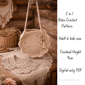 May include: A beige crochet bag with a scalloped edge and a matching crochet collar are displayed. The bag has a long strap and a tassel with wooden beads. The text on the image reads "2 in 1 Boho Crochet Pattern, Adult & kids size, Finished Height 9cm, Digital only PDF."