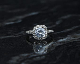 Cushion Cut Diamond Engagement Ring. Handmade in White Gold, Platinum or Sterling Silver. Luxurious Eternity Band. Crafted in Canada