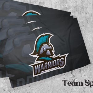 May include: A rectangular flag featuring a dark gray background with a repeating pattern of a teal and silver spartan helmet logo. The central logo displays a spartan helmet above the text WARRIORS TEAM in bold silver letters. The text Team Sports is visible.