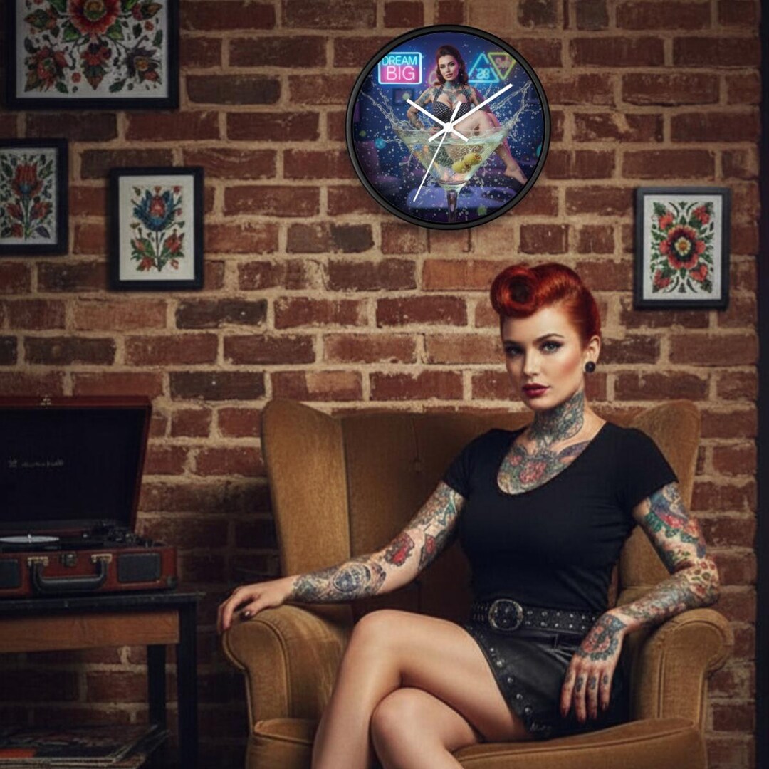 Pinup Clock Face Signature Muse No. 6 Wall Clock - Pinup Girl in Martini Glass Art - 10 ...