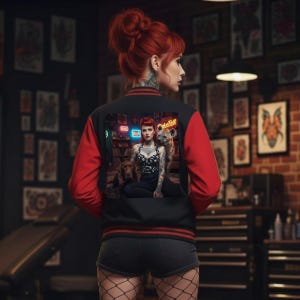 Puede incluir: Chaqueta universitaria negra y roja con un gráfico en la espalda. El gráfico muestra a una mujer tatuada, un perro y una hiena. La chaqueta tiene mangas rojas y un cuerpo negro con ribetes a rayas rojas y blancas.