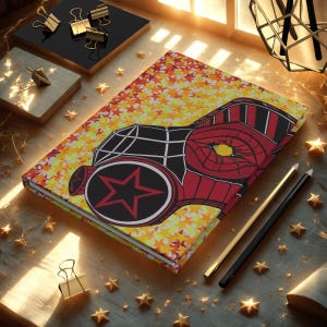 May include: A hardcover journal with a vibrant design featuring a red and black graphic on a yellow star-patterned background. The journal is accompanied by gold and black pencils, and gold binder clips. The scene is set on a wooden surface with scattered star-shaped decorations.