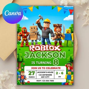 Puede incluir: Una colorida invitación de cumpleaños con personajes de Roblox sobre un campo verde y un cielo azul. La invitación dice "Roblox Jackson cumple 8 años" con detalles del evento e información de RSVP. El logotipo de Canva es visible.