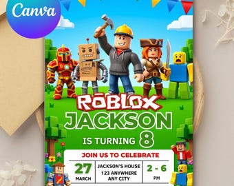 Editable Roblox Birthday Invitation Card, Gamer Kids Boys Party, Canva Template, Digital Download Invite