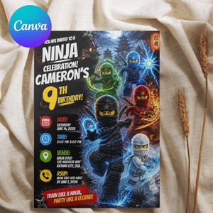 May include: A rectangular birthday invitation card featuring five ninja figures in various colors, including black, red, blue, green, and white. The text reads: You are invited to a Ninja Celebration! Cameron's 9th Birthday, Date: June 14, 2025, Time: 2:00 PM 5:00 PM, Venue: Ninja Dojo 123 Warrior Way Katana City, USA, RSVP: Mom 555-123-4567 by June 7, 2025, Train like a ninja, party like a legend!