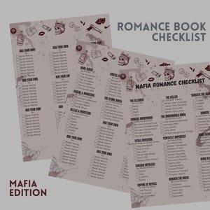 May include: A printed romance book checklist titled "Mafia Romance Checklist" with various book titles and author names. The design includes decorative elements like skulls, dice, and guns, with the words "Mafia Edition" at the bottom.