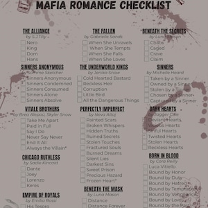 Op de afbeelding: Een Mafia Romance Checklist met boek titels en auteurs. De titels zijn gegroepeerd in categorieën zoals "The Alliance" en "The Fallen". De afbeelding heeft een donker, thematisch ontwerp met illustraties die gerelateerd zijn aan misdaad.