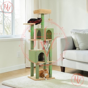 May include: A multi-level cat tree with green and tan components. The cat tree has multiple platforms, a top perch, and a scratching post. Three cats are on the cat tree, one black, one orange, and one calico.