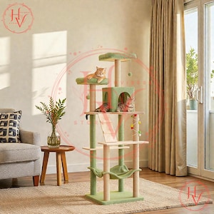 May include: A multi-level cat tree with a light green and beige color scheme. The cat tree features multiple platforms, a hammock, a hideaway cube, and scratching posts. Two cats are resting on the platforms. The cat tree is designed for indoor use.
