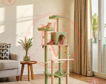Green Modern Cat Tree, 70.1-Inch Big Wood Cat Tower for Indoor Cats, Multi-Level Tall Cat Condo with Two Padded Perches
