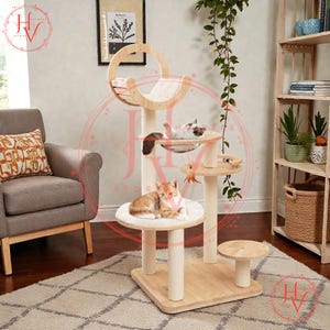May include: A multi-level cat tree with a light wood finish. The cat furniture features multiple platforms, a hammock, and a circular perch. Two cats are resting on the platforms. The cat tree is on a patterned rug.