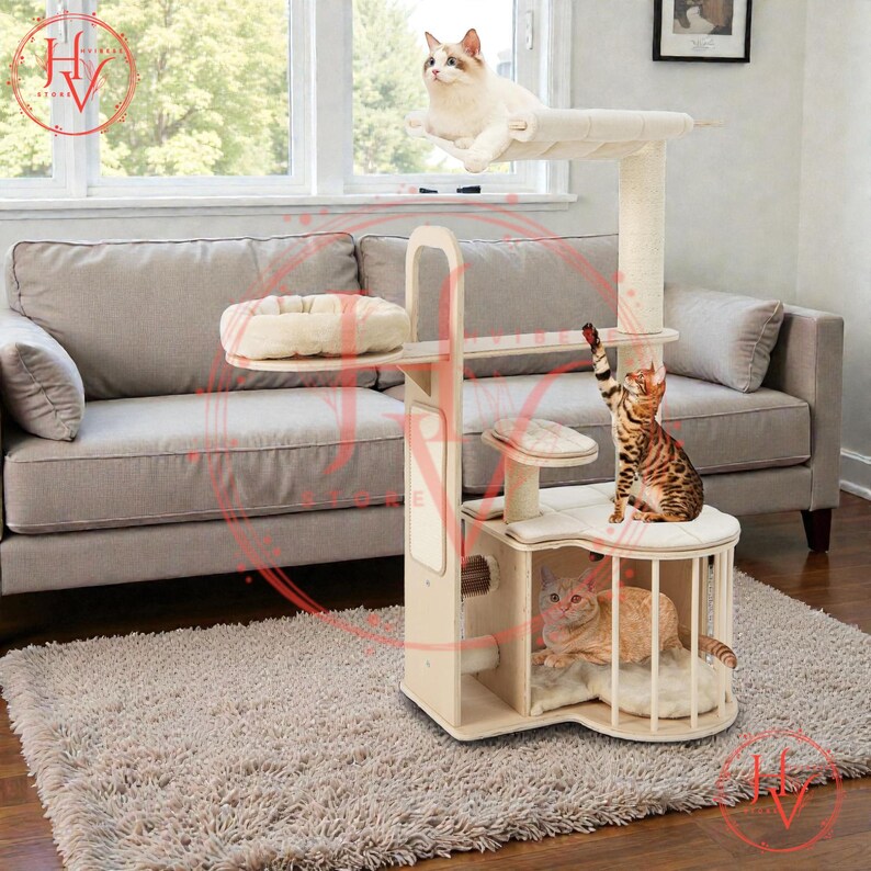 Stackable Cat Tree Solid Wood Cat Tree, 4-in-1 Building Block Big Cat Tower With Space ...