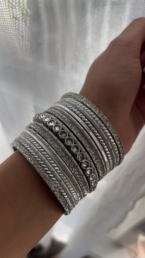 Silver Bangles Set /silver + White/ Indian Wedding Jewelry