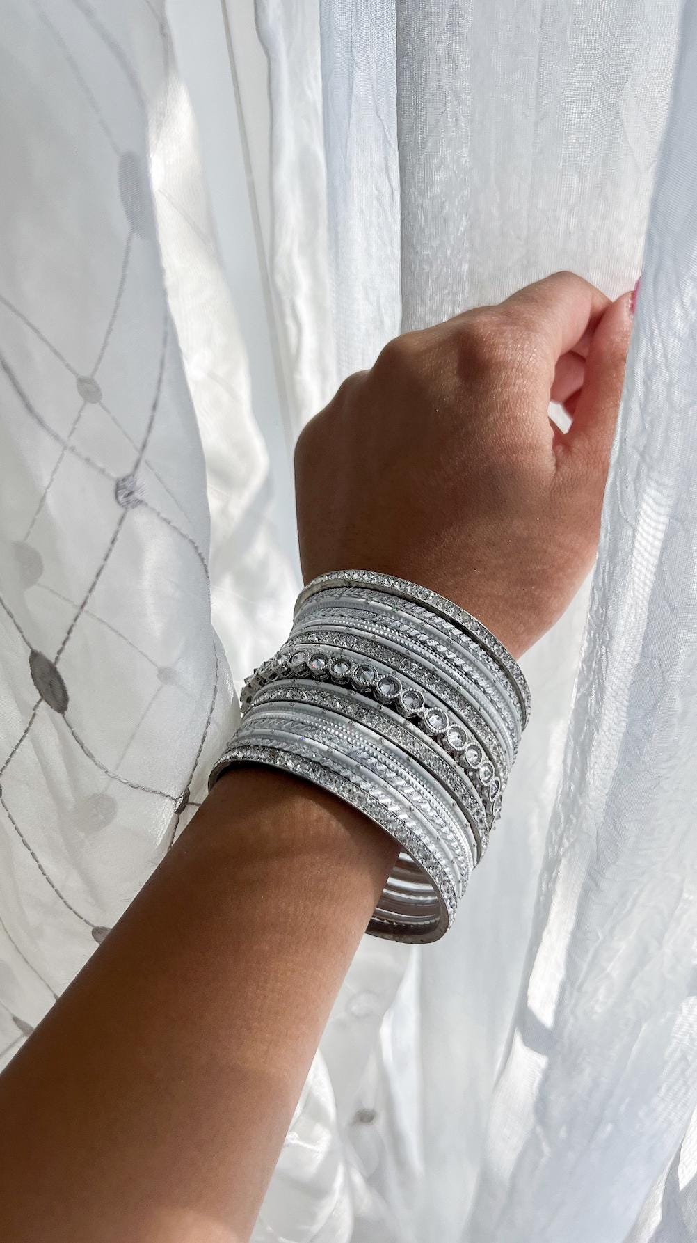 Silver Bangles Set /silver + White/ Indian Wedding Jewelry