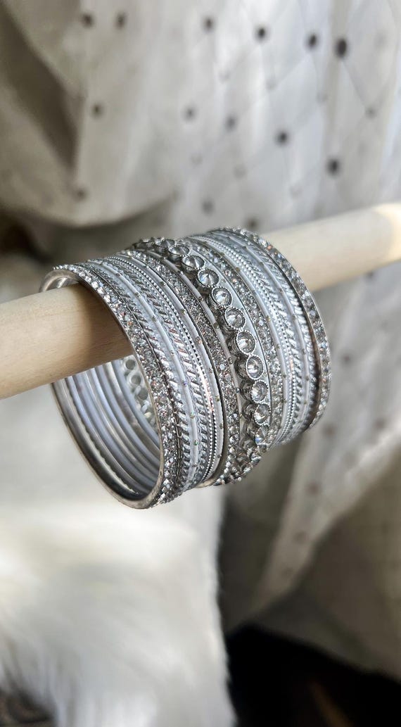 Silver Bangles Set /silver + White/ Indian Wedding Jewelry