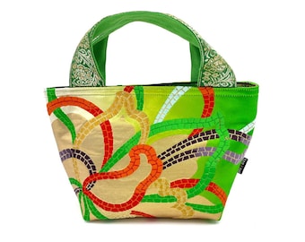 Classic Green Kimono Obi Mini Tote, Japanese Silk Wedding Bag, Vintage Top Handle Purse, Handmade Bangkok