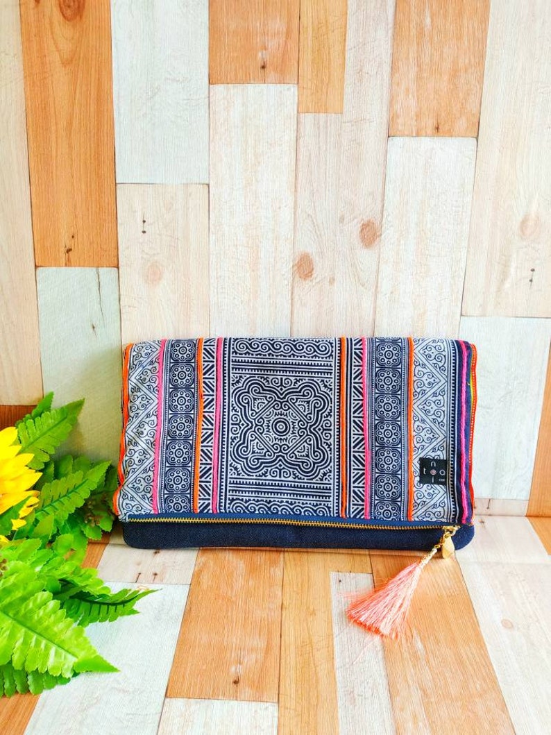 Clutch Bag Indigo Dye Chiang Mai Bag Hmong Fabric Bag Fold Over Clutch Asian Style Bags Ethnic Style Bag Tassel Clutch Boho Purse - 