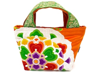 Orange Flower Kimono Obi Mini Tote, Japanese Silk Top Handle Bag, Floral Vintage Purse, Handmade Bangkok