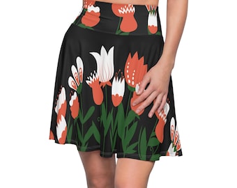 Gonna skater arancione e bianca con stampa floreale di tulipani / Sfondo nero