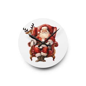 Vintage Weihnachtsmann in Sessel Acryl Wanduhr | Weihnachten Rentier Art