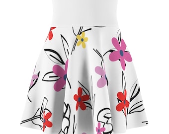Hand-Drawn Floral Pattern Skater Skirt | Pink Red Yellow Flowers