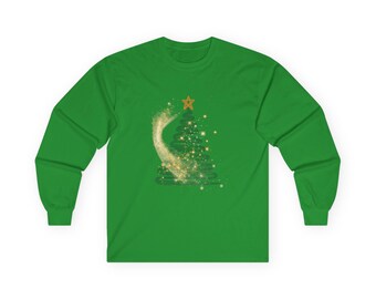 May include: A long-sleeved green shirt with a Christmas tree design. The tree has a gold star and a flowing, sparkling gold trail. The design is centrally placed on the shirt.