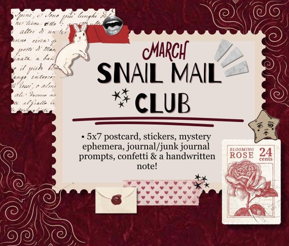 Snail Mail Club March - Postcard, Note, Stickers, Prompts, & Ephemera
