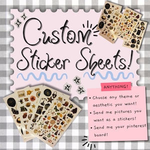 Könnte beinhalten: Individuelle Aufkleberbögen mit verschiedenen kleinen Illustrationen, darunter Sterne, Naturelemente und Objekte. Der Text lautet Custom Sticker Sheets! und enthält Anweisungen zur Auswahl eines Themas, zum Senden von Bildern oder zum Teilen eines Pinterest-Boards.