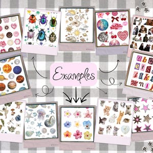 May include: A collection of ten square polaroid-style frames displaying various sticker designs including buttons, insects, celestial bodies, pink icons, photographs, alphabet letters, nature elements, sea life, flowers, kittens, and stars.