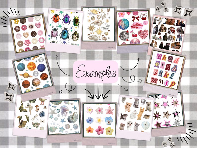May include: A collection of ten square polaroid-style frames displaying various sticker designs including buttons, insects, celestial bodies, pink icons, photographs, alphabet letters, nature elements, sea life, flowers, kittens, and stars.