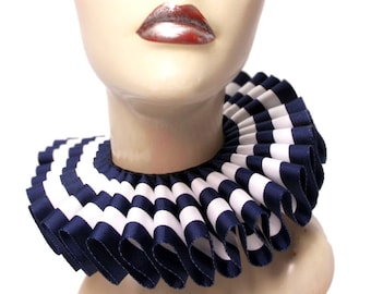 Ruffled Collar Navy Blue Stripes Neck Ruff Victorian Steampunk Queen Striped