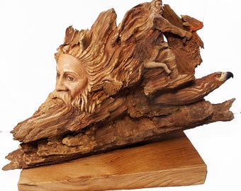 Wood Carving Sculpture Old Man Hawk Wolf Wizard Original Rick Cain Fantasy Art Signed