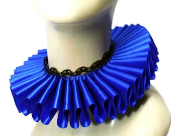 Royal Blue Satin And Lace Elizabethan Neck Ruff Ruffled Collar Victorian Steampunk Tudor