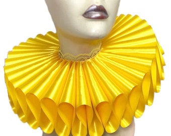 Ruffled Collar Yellow Satin Tall Wide Elizabethan Neck Ruff Victorian Steampunk Gothic Edwardian