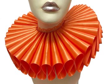 Ruffled Collar Orange Satin Tall Wide Elizabethan Neck Ruff Victorian Steampunk Gothic Edwardian