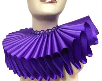 Ruffled Collar Purple Satin Tall Wide Elizabethan Neck Ruff Victorian Steampunk Gothic Edwardian