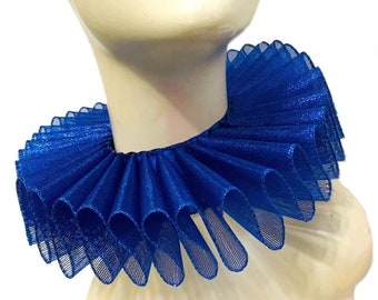 Ruffled Collar Royal Blue Shimmer Queen Elizabethan Neck Ruff Victorian Steampunk Edwardian Tudor Metallic Clown