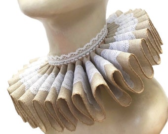 Ruffled Collar Beige White Lace Tan Queen Elizabethan Neck Ruff Victorian Steampunk Edwardian Tudor