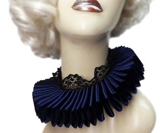 Navy Blue Satin And Lace Elizabethan Neck Ruff Ruffled Collar Victorian Steampunk Tudor