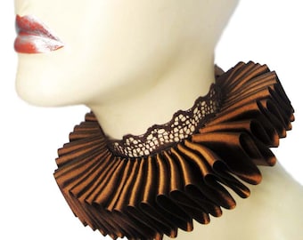 Brown Ruffled Collar Elizabethan Neck Ruff Victorian Steampunk Tudor Satin Lace